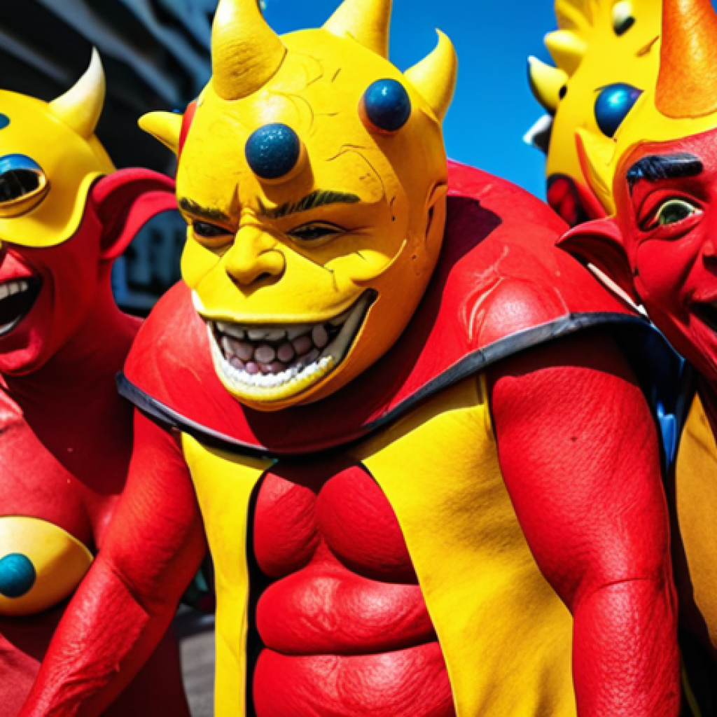 **"Cosplay of Red and Yellow Lava characters, recreating a famous scene from the animation, vibrant colors, happy atmosphere, Brazilian carnival inspiration."** (Focuses on scene recreation and cosplay)