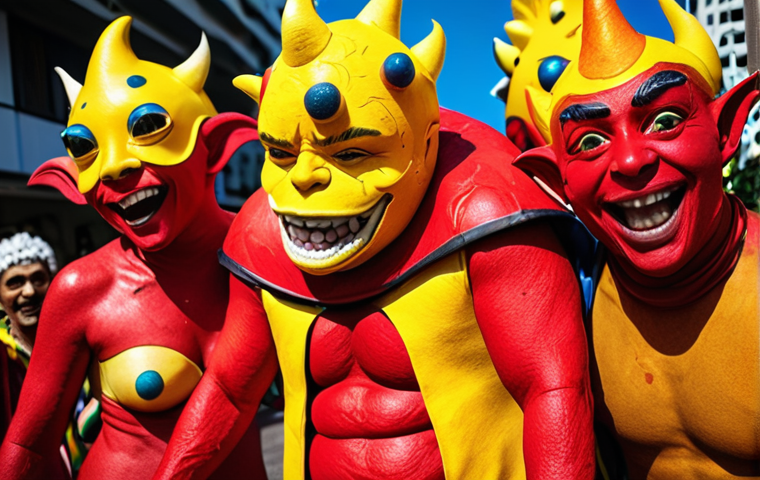 **"Cosplay of Red and Yellow Lava characters, recreating a famous scene from the animation, vibrant colors, happy atmosphere, Brazilian carnival inspiration."** (Focuses on scene recreation and cosplay)
