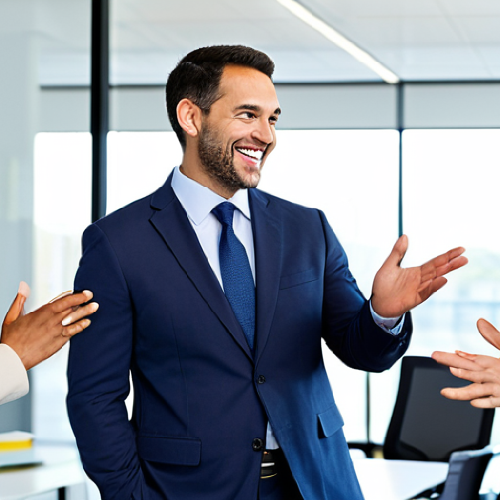 A diverse group of professionals, fully clothed in appropriate business attire, are engaged in a collaborative discussion in a bright, modern office space. They are smiling and interacting using expressive, natural gestures, conveying understanding and connection without the need for spoken words. The scene highlights universal communication and emotional intelligence, with a clean and professional background. safe for work, appropriate content, modest clothing, family-friendly, perfect anatomy, correct proportions, natural pose, well-formed hands, proper finger count, natural body proportions, professional photography, high quality.