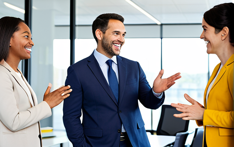 A diverse group of professionals, fully clothed in appropriate business attire, are engaged in a collaborative discussion in a bright, modern office space. They are smiling and interacting using expressive, natural gestures, conveying understanding and connection without the need for spoken words. The scene highlights universal communication and emotional intelligence, with a clean and professional background. safe for work, appropriate content, modest clothing, family-friendly, perfect anatomy, correct proportions, natural pose, well-formed hands, proper finger count, natural body proportions, professional photography, high quality.