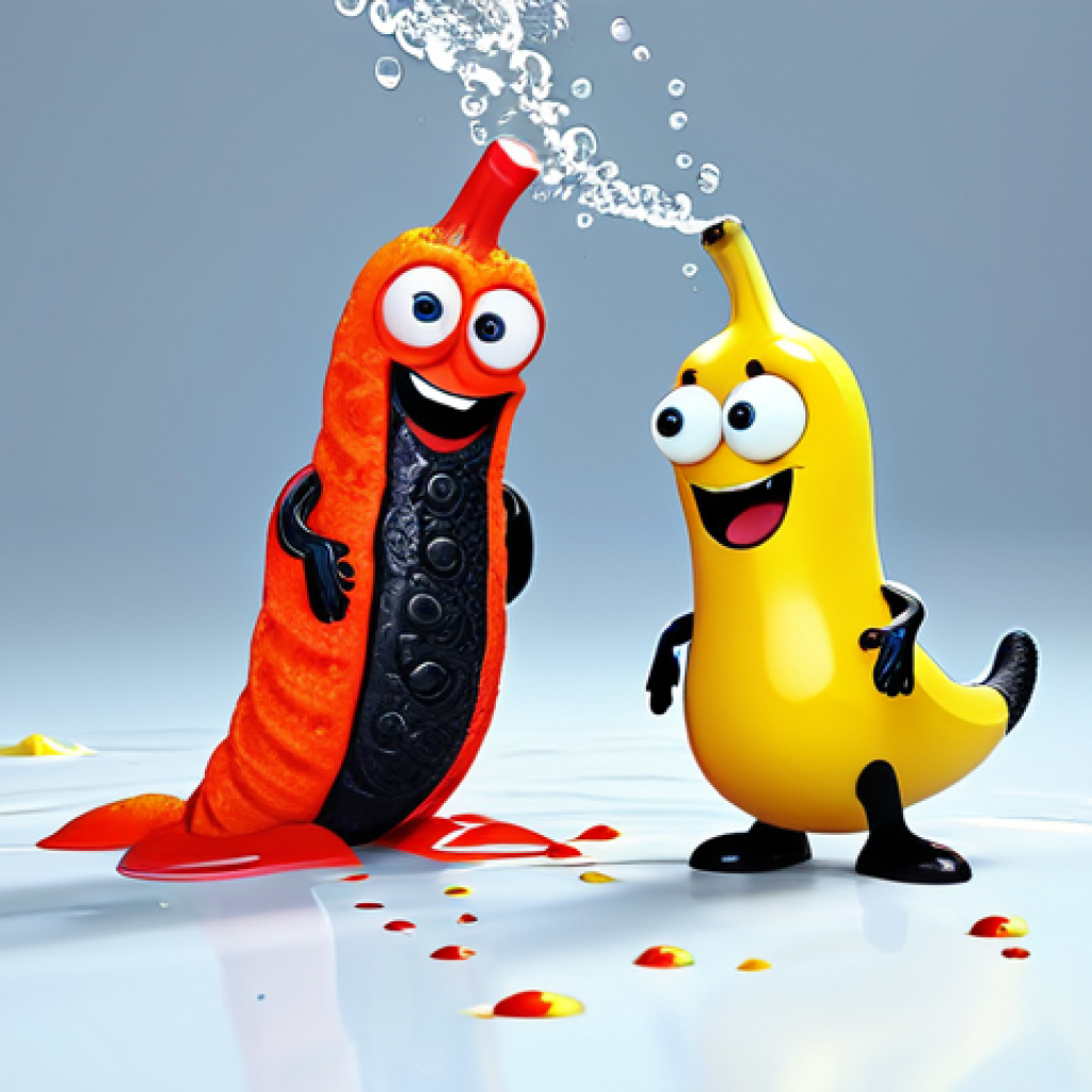 Universal Humor Scene**

"Two adorable lava worms, Red and Yellow, engage in slapstick comedy, such as slipping on a banana peel or getting splashed with water. The scene is set in a simple, cartoonish background. Safe for work, appropriate content, fully clothed, family-friendly, perfect anatomy, natural proportions, high quality animation style."

**