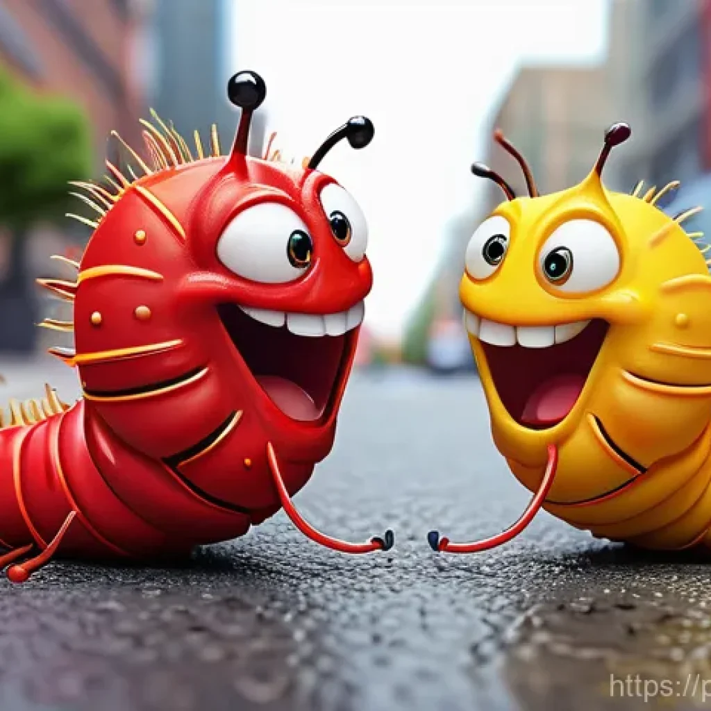 라바의 에피소드 속 문화적 맥락 - **Prompt:** A vivid, animated scene featuring a small, fiery red larva with an impatient expression ...
