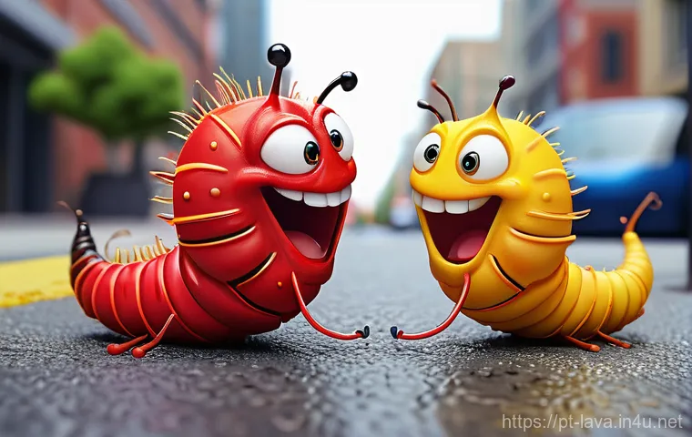 라바의 에피소드 속 문화적 맥락 - **Prompt:** A vivid, animated scene featuring a small, fiery red larva with an impatient expression ...