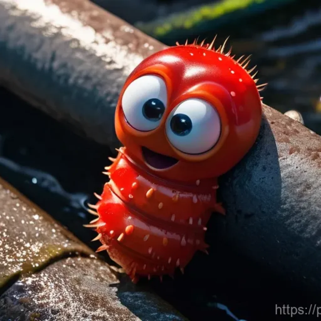 라바 주인공 레드의 특징 - **Prompt:** A whimsical, high-angle shot of a tiny, expressive red larva-like creature (Red) with wi...