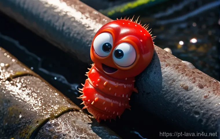 라바 주인공 레드의 특징 - **Prompt:** A whimsical, high-angle shot of a tiny, expressive red larva-like creature (Red) with wi...