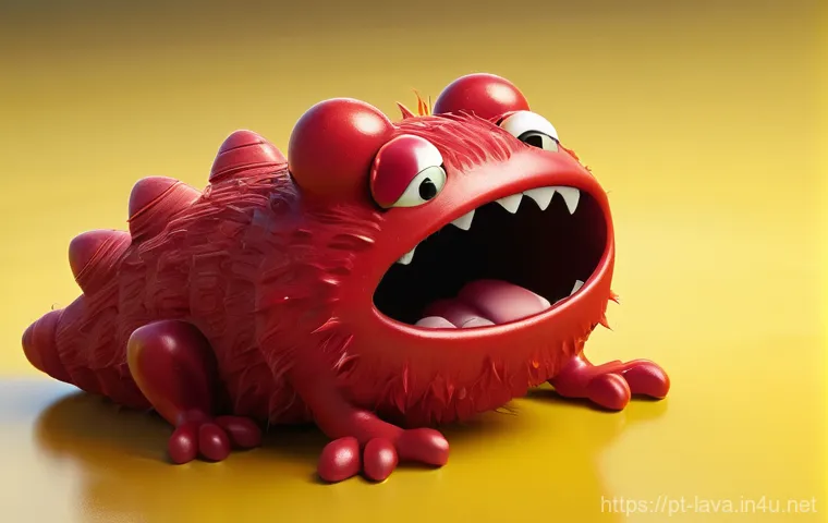 라바 주인공 레드의 특징 - **Prompt:** A whimsical, high-angle shot of a tiny, expressive red larva-like creature (Red) with wi...