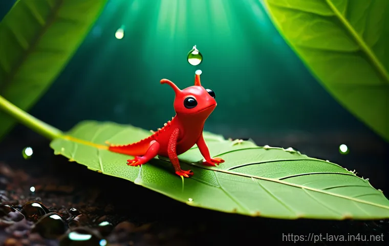 라바 주인공 레드의 특징 - **Prompt:** A dynamic, slightly distorted close-up of a small, red larva-like creature (Red) in a mo...