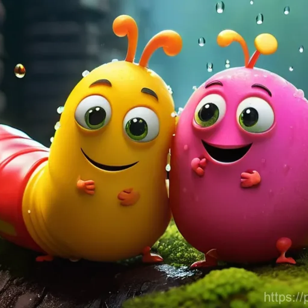 라바가 인기 있는 국가별 반응 - **Prompt:** A vibrant, 3D animated image featuring Red and Yellow Larva characters. Red, with his ch...