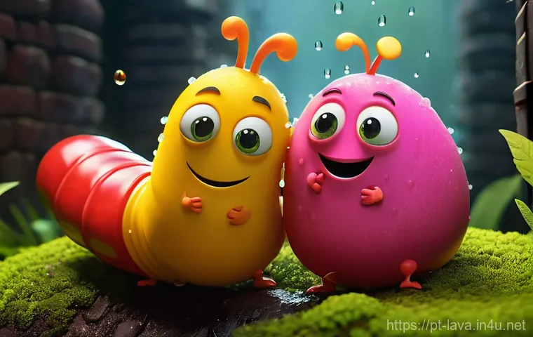 라바가 인기 있는 국가별 반응 - **Prompt:** A vibrant, 3D animated image featuring Red and Yellow Larva characters. Red, with his ch...