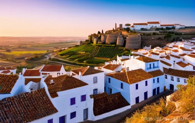라바의 스핀오프 시리즈 - **Prompt 1: Historic Village Sunset**
"An aerial view of Monsaraz, a historic fortified village ...