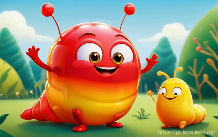 라바의 비주얼 커뮤니케이션 전략 - A comical, action-packed scene depicting Larva Red and Larva Yellow caught in a classic slapstick si...
