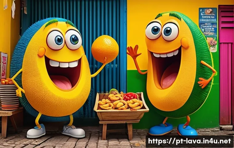 라바 해외 더빙의 특징 - A colorful and lively animated scene featuring two small cartoon larvae characters in a vibrant Braz...