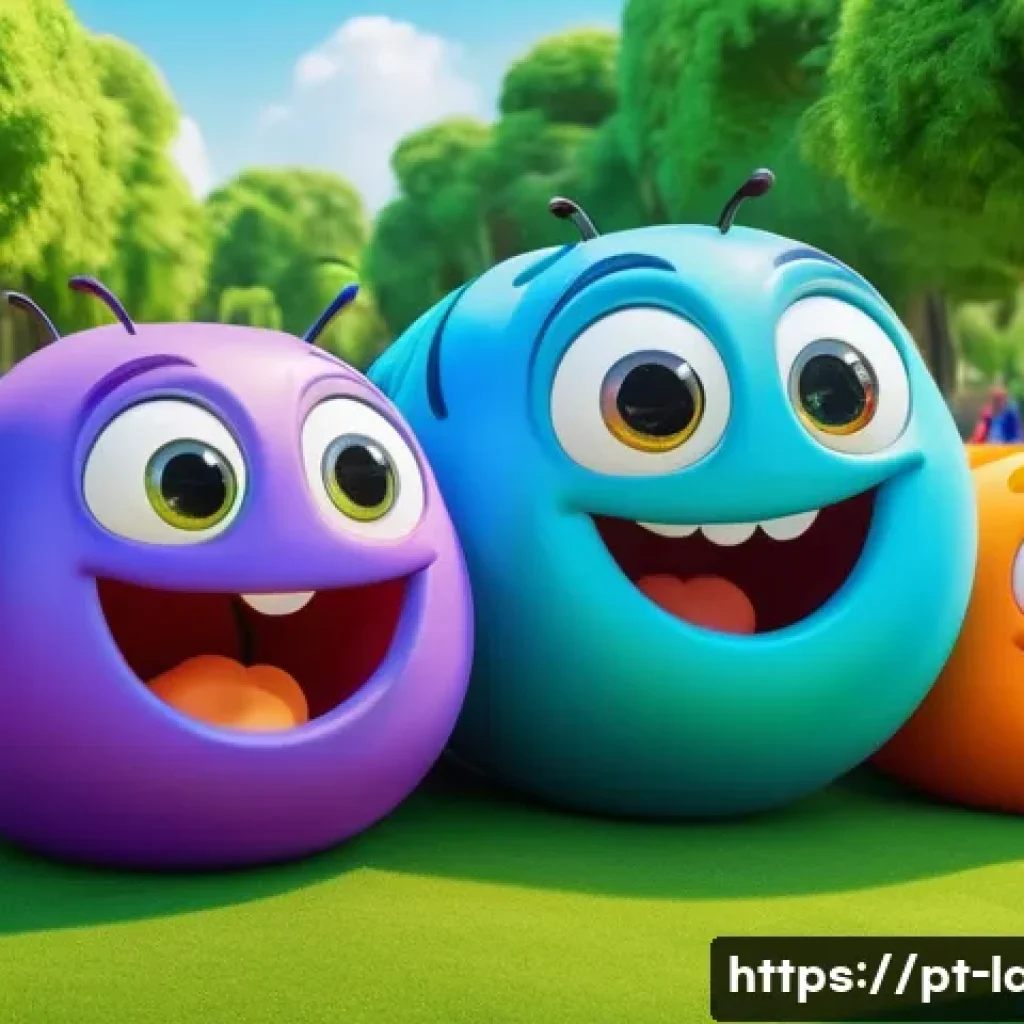 라바 시청자 연령대 분석 - A vibrant and colorful scene featuring two playful cartoon larvae characters in a lush urban park se...