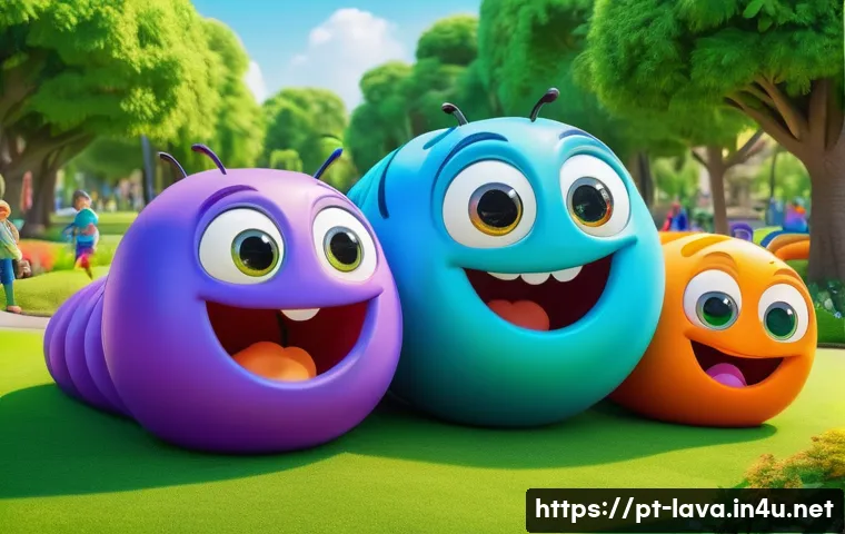 라바 시청자 연령대 분석 - A vibrant and colorful scene featuring two playful cartoon larvae characters in a lush urban park se...