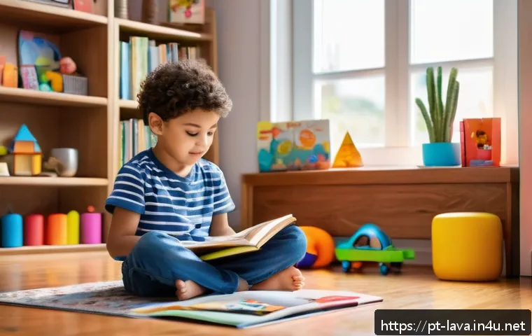 라바의 어린이 교육적 요소 - A vibrant and colorful scene of a young child wearing comfortable casual clothing, sitting cross-leg...