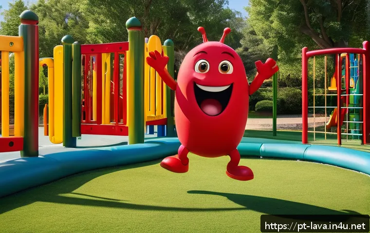 라바 캐릭터 인기투표 결과 - A vibrant and dynamic scene featuring the Red Larva character in a lively urban park setting during ...