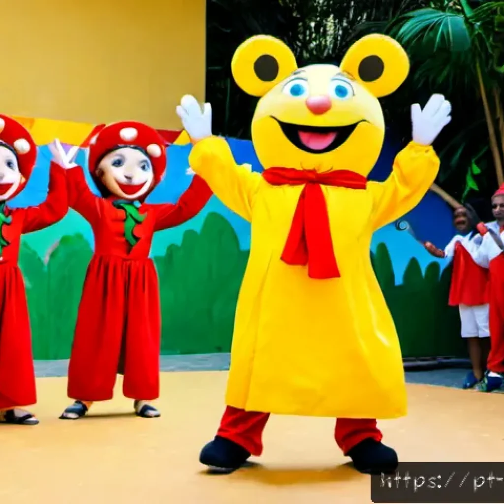 라바를 주제로 한 어린이 연극 - Photorealistic children’s theater performance in a colorful Brazilian community cultural center, two...