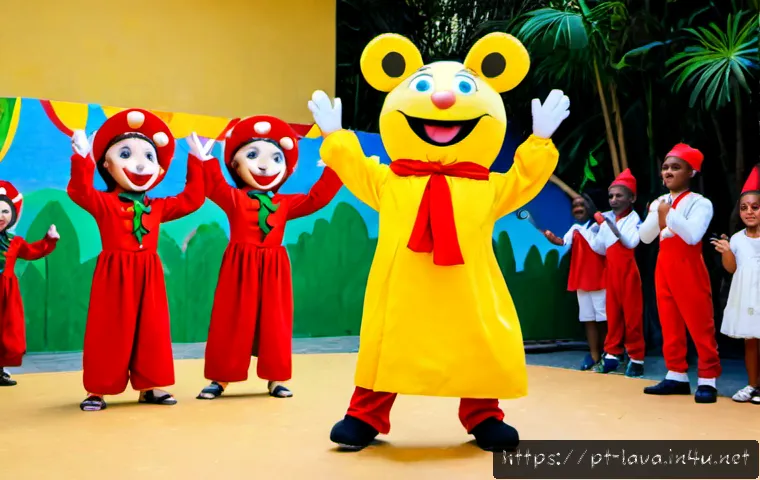 라바를 주제로 한 어린이 연극 - Photorealistic children’s theater performance in a colorful Brazilian community cultural center, two...