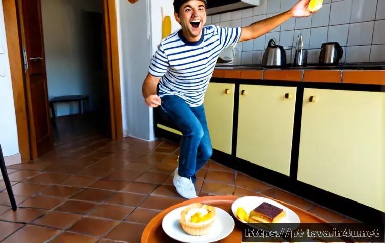 라바 애니메이션에서 쓰인 슬랩스틱 코미디 - Photorealistic slapstick comedy scene in a bright Lisbon-style apartment kitchen, a cheerful adult i...